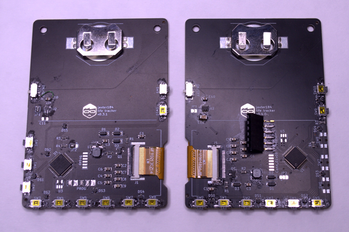 Two different life counter circuit boards, one with the display connector on the left and the other with it on th
	e right