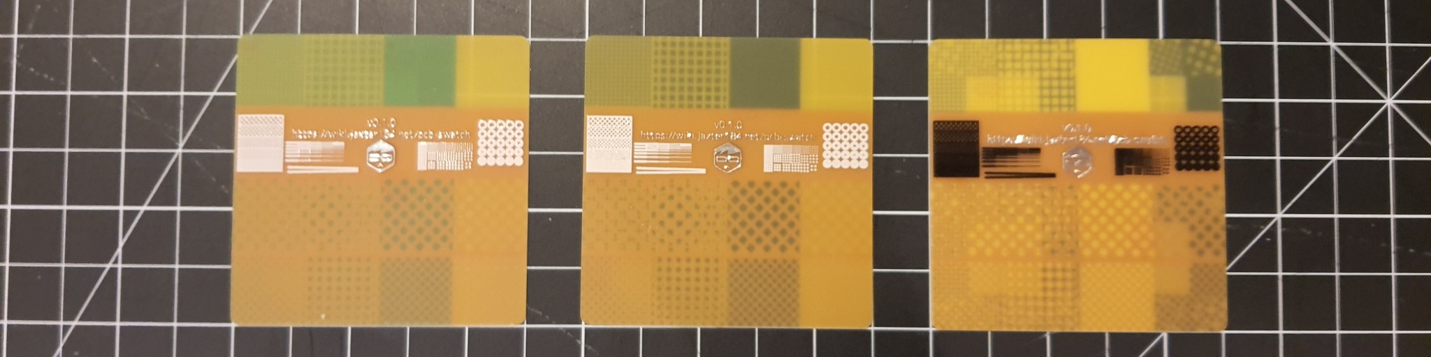 The back of the same circuit boards as the above image.
This side is completely bare (no silkscreen, mask, or copper), except the second of four rows, where there are various
test patterns, and a link to this page and a logo in copper with a HASL finish.
On the left side, the tests are: A hatched grid where the holes get smaller, horizontal lines where the lines get
thinner as you go right and further apart as you go down, two long lines that start about a millimeter apart and get
closer as you go right until they touch.
On the right side, tthe tests are: a grid of dots, getting smaller as you go right, and further apart as you go down,
and a grid of donuts, where the holes get smaller as you go down.