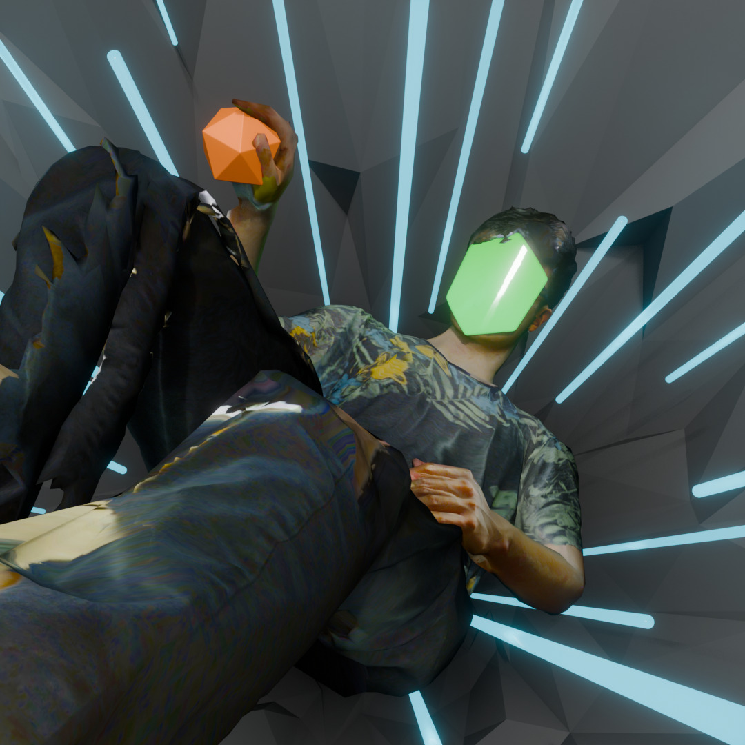 
new profile picture, titled *Falling*.
A 3d render of a photogrammetry model of me facing the camera, holding an orange
icosahedron, with blue bars surrounding him.
I am wearing black pants and a dark shirt with a leaf motif.