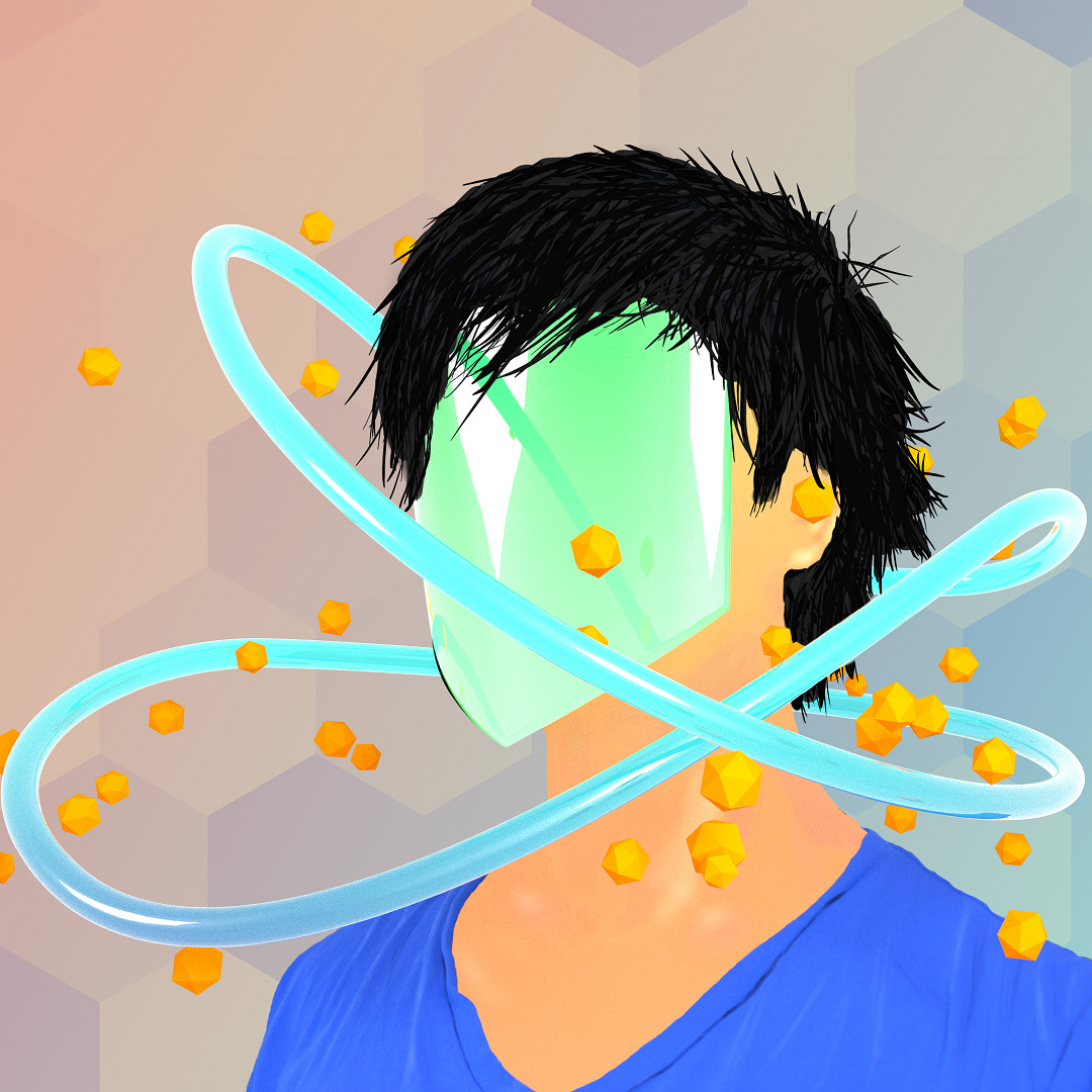 old profile picture, titled
*Render*. A digitally painted, traced image of jaxter184 with short
hair. A wide bright green (#20ff80) curved irregular, but symmetrical
hexagon covers the contour of his face. A glossy cyan tube loops twice
around his head, and a collection of small matte orange icosahedrons
float.